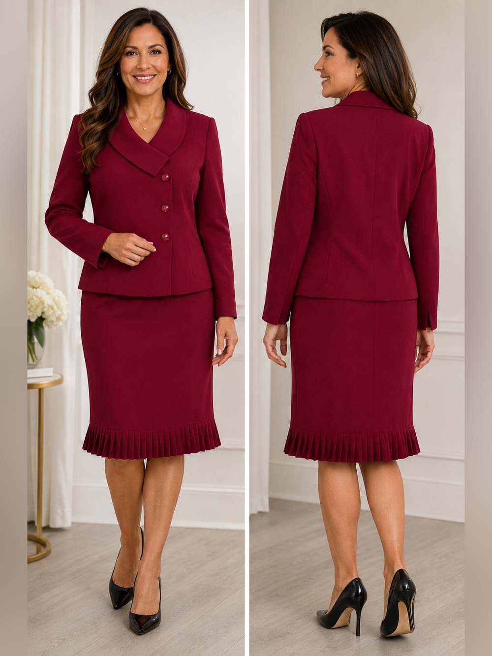 Suit Studio Burgundy Red 2-Piece Skirt Suit Pleated Hem Size 10P